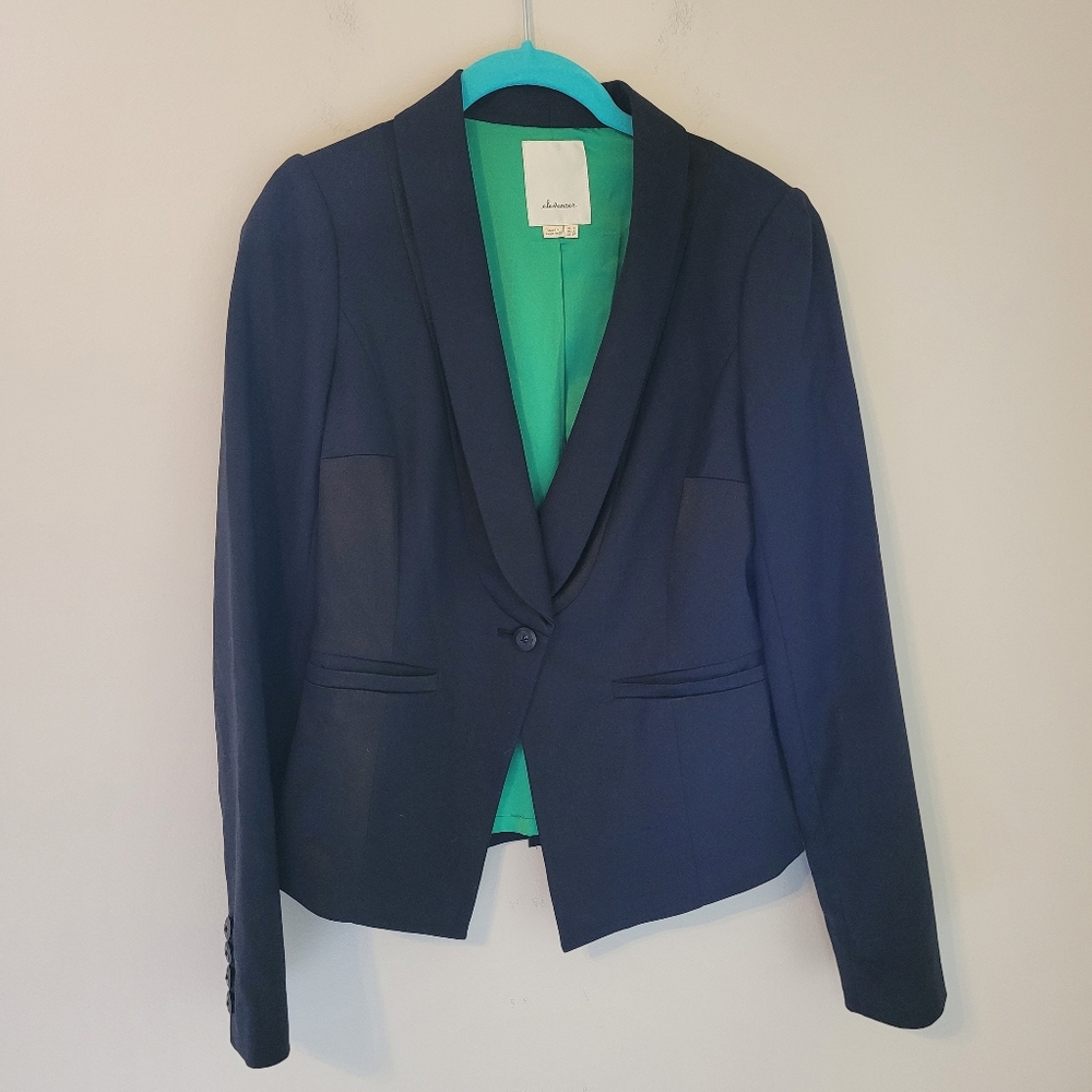 Anthropologie Elevense Black Tuxedo Style Blazer with Green Lining
